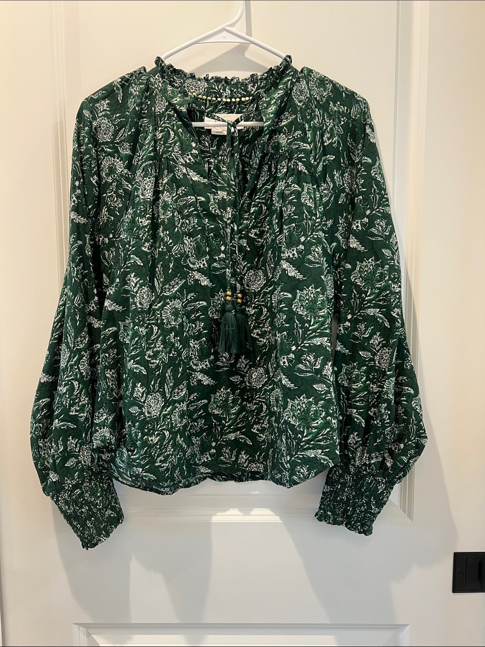 Anthropologie Forest Green Floral Peasant Blouse with Tassel Tie